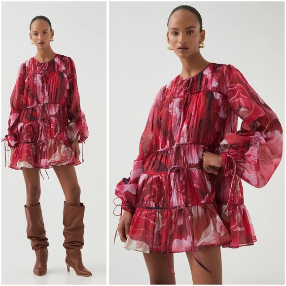 Aje Floral Prismatic Red Pink Long Sleeve Statement Sleeve Mini Dress US 2/AUS 6 - Picture 1 of 10